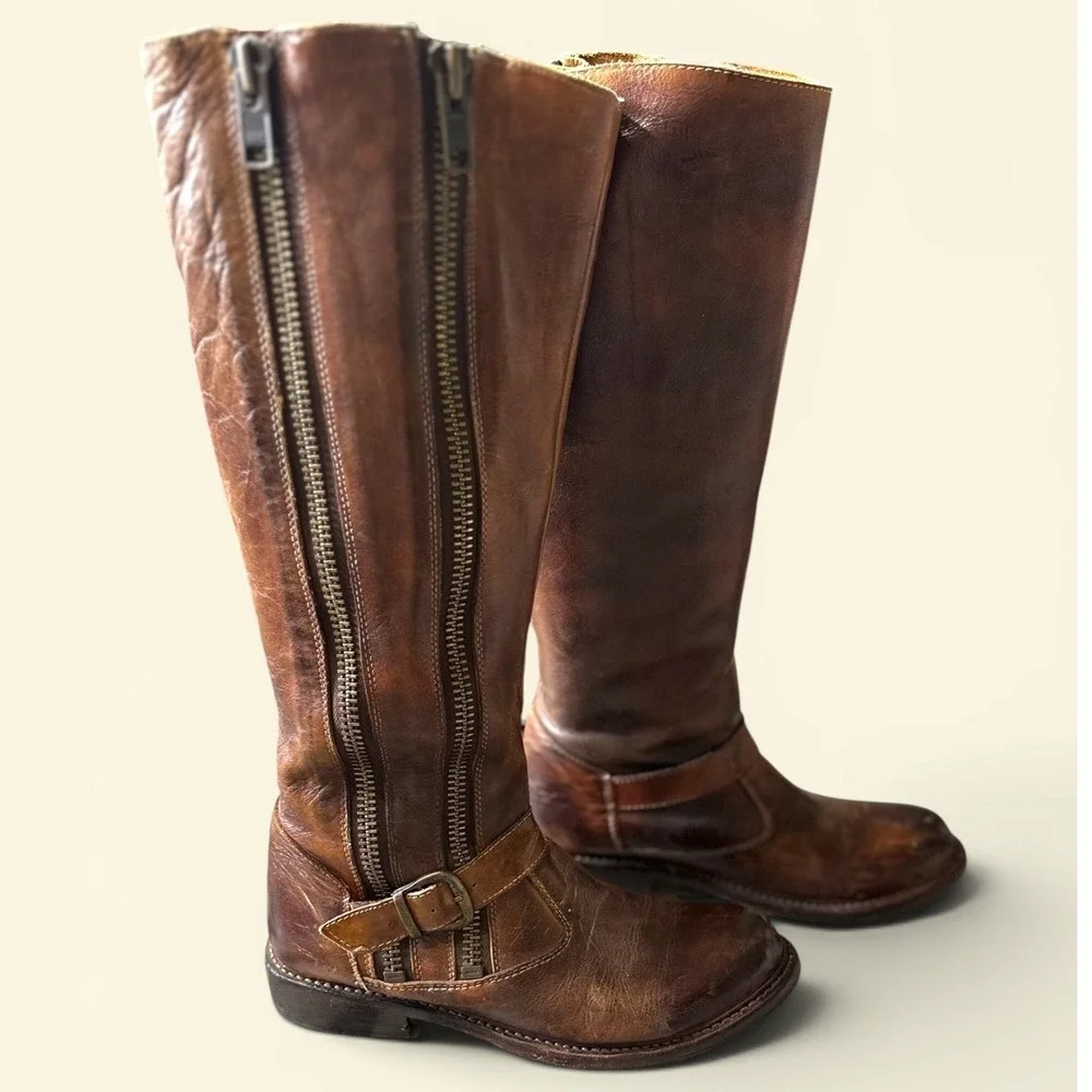 Bed Stu SZ 8 Manchester Tall Boots Brown Leather Distressed Double‎ Zip Buckle